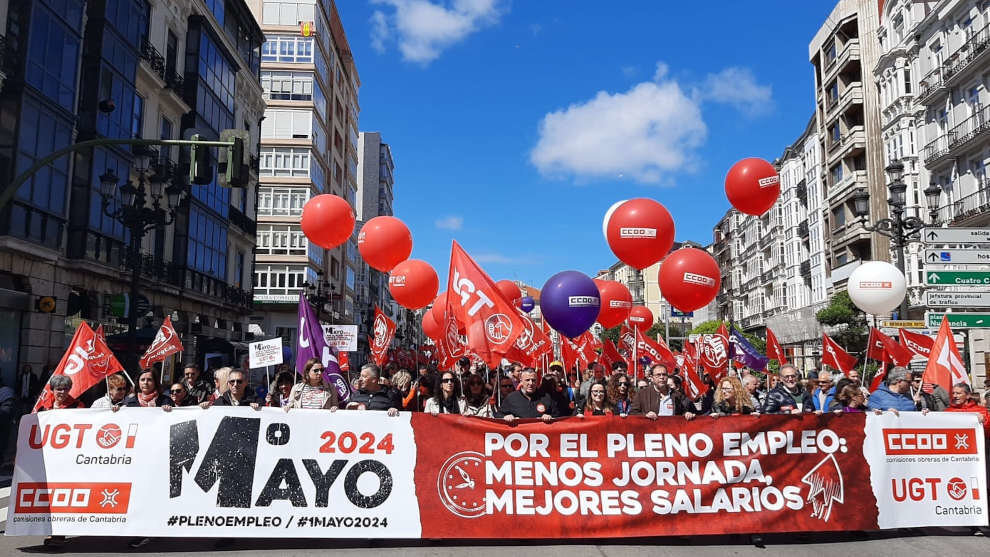 Manifestación de CCOO y UGT el 1 de mayo de 2024 en Santander