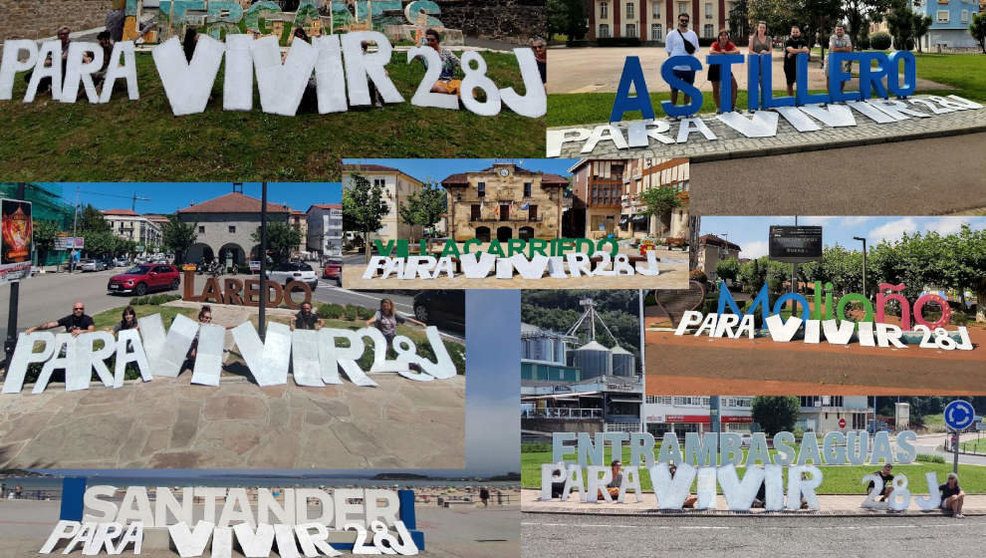 Grupos vecinales que se manifestarán el 28 de julio en Puente San Miguel contra el modelo turístico de Cantabria intervienen letras y marcos turísticos