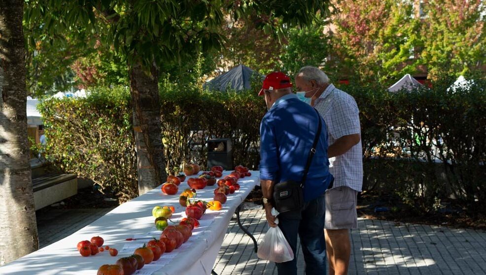 Dos hombres pasean por la Feria del Tomate Antiguo de Bezana