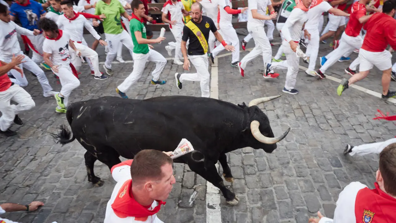 Un toro durante el sexto encierro de las fiestas de San Fermín 2023