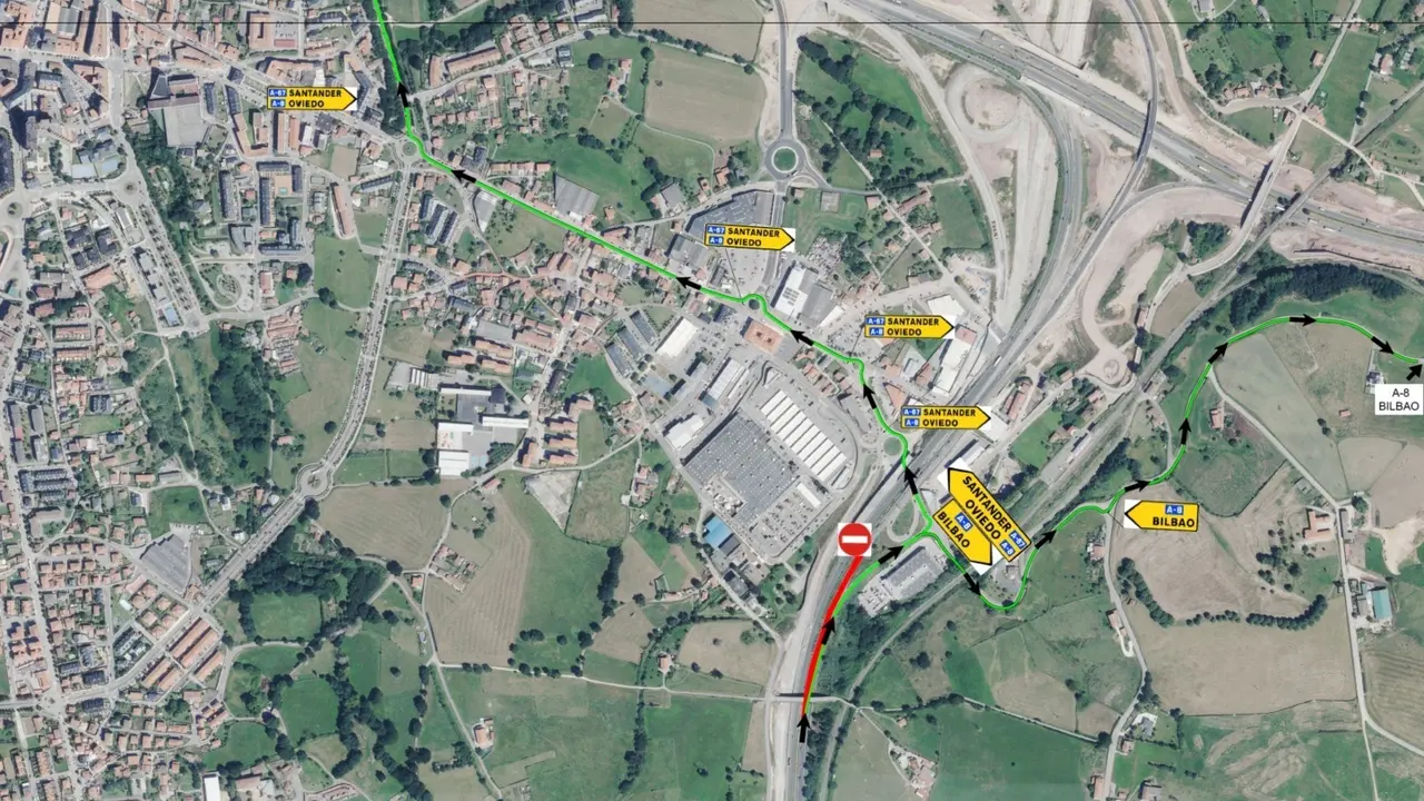 Plano de la zona donde se registrarán los cortes nocturnos en la A-67 en el entorno de Torrelavega para el aglomerado de la calzada